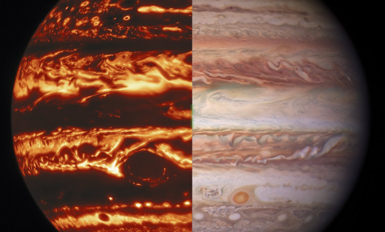 This illustration combines an image of Jupiter from the JunoCam instrument aboard NASA’s Juno spacecraft with a composite image of Earth to depict the size and depth of Jupiter’s Great Red Spot. Jupiter’s banded appearance is created by the cloud-forming “weather layer.” This composite image shows views of Jupiter in (left to right) infrared and visible light taken by the Gemini North telescope and NASA’s Hubble Space Telescope, respectively. Credits: International Gemini Observatory/NOIRLab/NSF/AURA/NASA/ESA, M.H. Wong and I. de Pater (UC Berkeley) et al.
