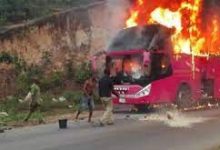 • The burnt bus after the attack