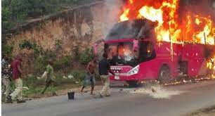 • The burnt bus after the attack