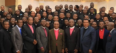 • Apostle Yeboah (fourth from left) with some of the Executive Council members and the newly ordained Pastors