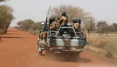 Soldiers from Burkina Faso and Niger patrol on the road of Gorgadji in the Sahel area