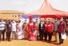 Rev John Azumah (left), Mrs Yvonne Opoku Kwarteng (in suite), Nana Baffour Kyei (fourth from left) and other dignitaries after the campaign