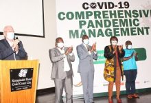 Dr Holger (left) Ms Sophia L Kudjordji (second from right),Prof. Julius Fobil (second from left) and other dignitaries launching the covid-19 comprehensive pandemic management projects. Photo. Ebo Gorman