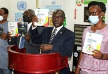 • Prof. Gyan Baffour (second from right),Dr Kodjo Mensah-Abrampa(second from left) and other dignitaries launching the 2020 SDGs and AU agenda 2063 reports. Photo. Ebo Gorman