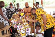Odeneho Kwafo Akoto III exchanging pleasantries with Mark Okraku Martey Photo Geoffery Buta