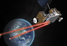 Illustration of NASA's Laser Communications Relay Demonstration communicating over laser links. Credits: NASA's Goddard Space Flight Center