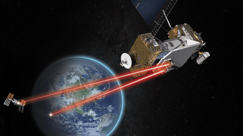 Illustration of NASA's Laser Communications Relay Demonstration communicating over laser links. Credits: NASA's Goddard Space Flight Center