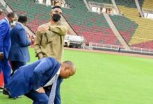 • Cameroon FA Chief Eto'o (left), CAF President Motsepe and other officials inspecting facilities ahead of the competition