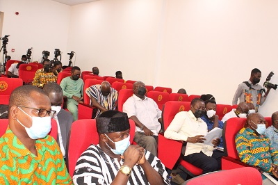 Dr. Owusu Afriyie Akoto (inset) briefing the journalists. Photo. Ebo Gorman