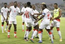 • Gambia’s Musa Barrow celebrates with team-mates after his goal