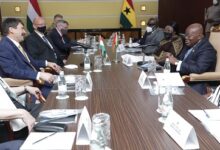 President Akufo-Addo (right) holding a bilateral talks with President Janoa Ader (left). With them include Mrs Akosua Frema Opare (second from right) Chief of Staff