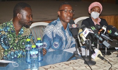 • Mr Mensah (middle) briefing the press. With him is Dr Zanetor Agyeman-Rawlings (left) Photo Victor A. Buxton