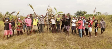 • Protesters carrying the destroyed coconut plants