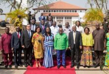 President Akufo-Addo (fifth from right) and Prof. Nana Aba Appiah Amfo (middle) with other dignitaries at the programme
