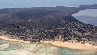 Aerial images show Tonga cloaked in volcanic ash