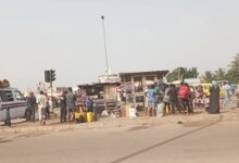 People shopping for fowls on the median of the road