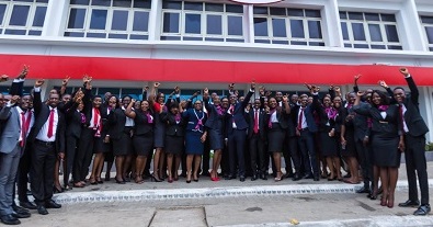 Absa Bank Ghana staff celebrating the second anniversary of the rebranding of the bank