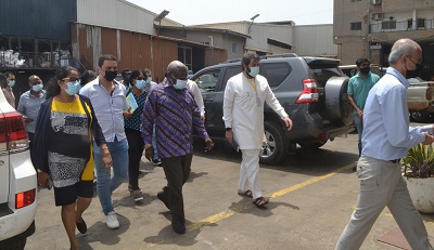Entirely----Dr Kwaku Afriyie (third from right) with Mr Hussein Jaber (second from left) and others at the factory in Tema Photo Victor A. Buxton