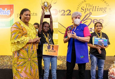 Ambassador Sullivan and First Lady, Mrs Akufo-Addo, with the winner and runners-up of the 2022 Spelling Bee Championship