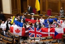 MPs in the Rada held up flags of countries that had offered help to Ukraine