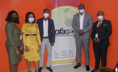 From left: Madam Salome, Ayishatu Zakaria Ali (Player Relations Officer for women), Messrs Chibsah, Baffoe and Joseph pose for the cameras after the visit