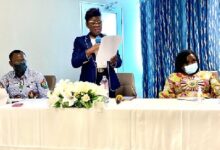 Ms Bismarck addressing the meeting, flanked by the Head, Shipper Services and Trade Facilitation, Mrs Monica Josiah (right) and Head, Freight and Logistics Mr Fred Asiedu-Dartey (left)