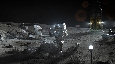 Illustration of Artemis astronauts on the Moon. NASA's new Tipping Point opportunity and Announcement of Collaboration Opportunity seek to mature space technology, including those that could be used for living and working on the Moon for NASA's Artemis astronauts Credits: NASA