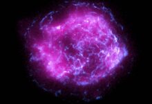 This image of the supernova Cassiopeia A combines some of the first X-ray data collected by NASA’s Imaging X-ray Polarimetry Explorer, shown in magenta, with high-energy X-ray data from NASA’s Chandra X-Ray Observatory, in blue. Credits: NASA/CXC/SAO/IXPE