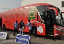 Mr Ofosu-Kontoh (right) leads the SMT Ghana team to hand over the bus to Kotoko officials led by Nana Yaw Amponsah