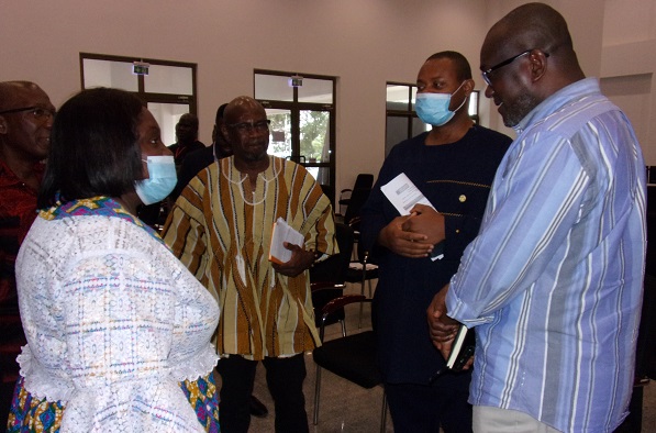 Dr Esther Ofei-Aboagye (left) interacting with Prof. Kwesi Prempeh (right)Executive Director CDD.With them are Mr Ibrahim Tanko Amidu Photo Michael Ayeh