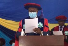 (inset) Professor Philip Osei Duku administering the matriculation oath to the students