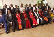 The Bishop of the Northern Accra Diocese of the Methodist Church Ghana, Rt. Rev. Prof. Joseph M.Y. Edusa-Eyison, 5th leftt, sitting, the Immediate Past NAD Lay Council Chairman, Mr. Nimo Ahinkorah, 6th right and the Superintendent Minister of the Airport East Circuit, Very Rev. Dr. Jacob W. French, 4th left in memorable picture with some Immanuel Methodist Men's Fellowship at the commissioning of the worship Dome for Okpoi Gonno Methodist Nursery.