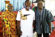 Mr Apau-Gyasi (middle), Rev. Adza Wudey (left) and Deacon Kilson Richard in their traditional attire
