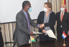 Ambassador Ramses Cleland(right) and Ms Martine Hoogstraten exchanging the document. Photo Godwin Ofosu-Acheampong