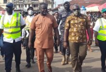 MCE FOR NJSMA, Mr Isaac Appaw-Gyasi and Eastern Regional Minister, Seth Acheampong with taskforce inspecting the streets during decongestion exercise