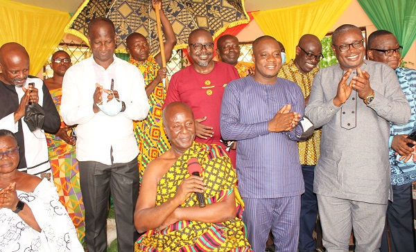 Nana Ayirepe Bonsu II, Kwahu Pepeasehene (seated) launching the Kwahu Easter and paragliding festival.With him are some dignitaries at the launch Photo.Ebo Gorman