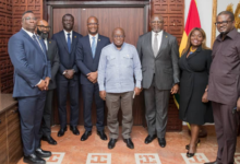 President Akufo-Addo (fourth right) with Mr Boahene (first right) with the FBNBank delegation