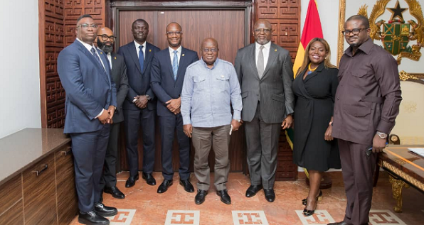President Akufo-Addo (fourth right) with Mr Boahene (first right) with the FBNBank delegation