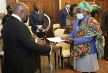 President Akufo-Addo (left) receiving letters of credence from Ms Fidelia Graand-Galon, Suriname High Commissioner to Ghana