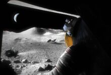 An illustration of a suited Artemis astronaut looking out of a Moon lander hatch across the lunar surface, the Lunar Terrain Vehicle and other surface elements. Credits: NASA