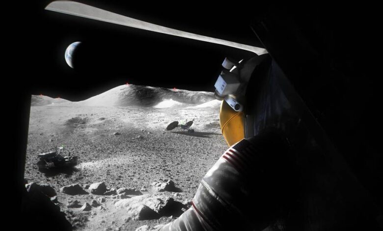 An illustration of a suited Artemis astronaut looking out of a Moon lander hatch across the lunar surface, the Lunar Terrain Vehicle and other surface elements. Credits: NASA