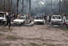 Damaged cars are seen following a blast at a Nigerian oil refinery on April 23, 2022, in this photo released by the Rivers State Command of the Nigeria Security and Civil Defence Corps.