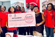 Absa Bank officials presenting a dummy cheque to Ark Foundatin Official
