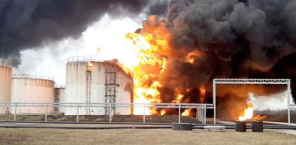 Several fuel tanks are ablaze