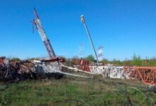Wrecked radio masts in Grigoriopol, Transnistria