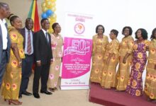 Mr Morgan Ayawine (fourth from left) with Mrs Tina Offei Yirenkyi (fifth from right) and other dignitaries after unvailing the GHABA logo Photo Victor A. Buxton