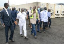 Mr Ofori-Atta (second from left) and Rev. Owusu-Amoah join other officials to inspect the Reefer Terminal
