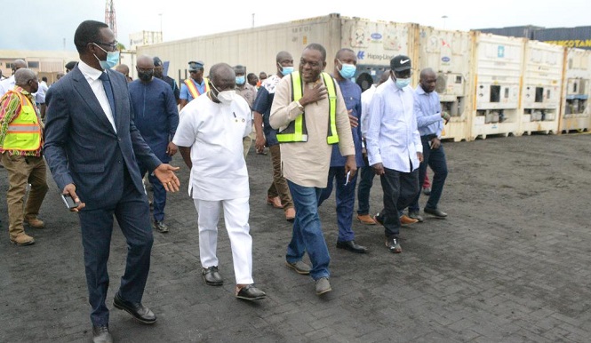Mr Ofori-Atta (second from left) and Rev. Owusu-Amoah join other officials to inspect the Reefer Terminal
