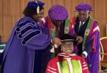 Prof. Amankwah (middle) decorating Dr Shiphrah Ohene Adu at the ceremony. Left is Council Chairman, Dr Steve Yirenkyi and Dean of Post Graduate Studies, Dr Grace Ofori Sarpong(rt)
