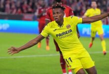 Chukwueze celebrating his late equaliser that took Bayern out